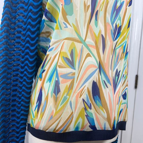 MISSONI Top Mixed Media Artsy Floral Retro Blouse Blue Zig Zag Pattern Size XL - Picture 8 of 16